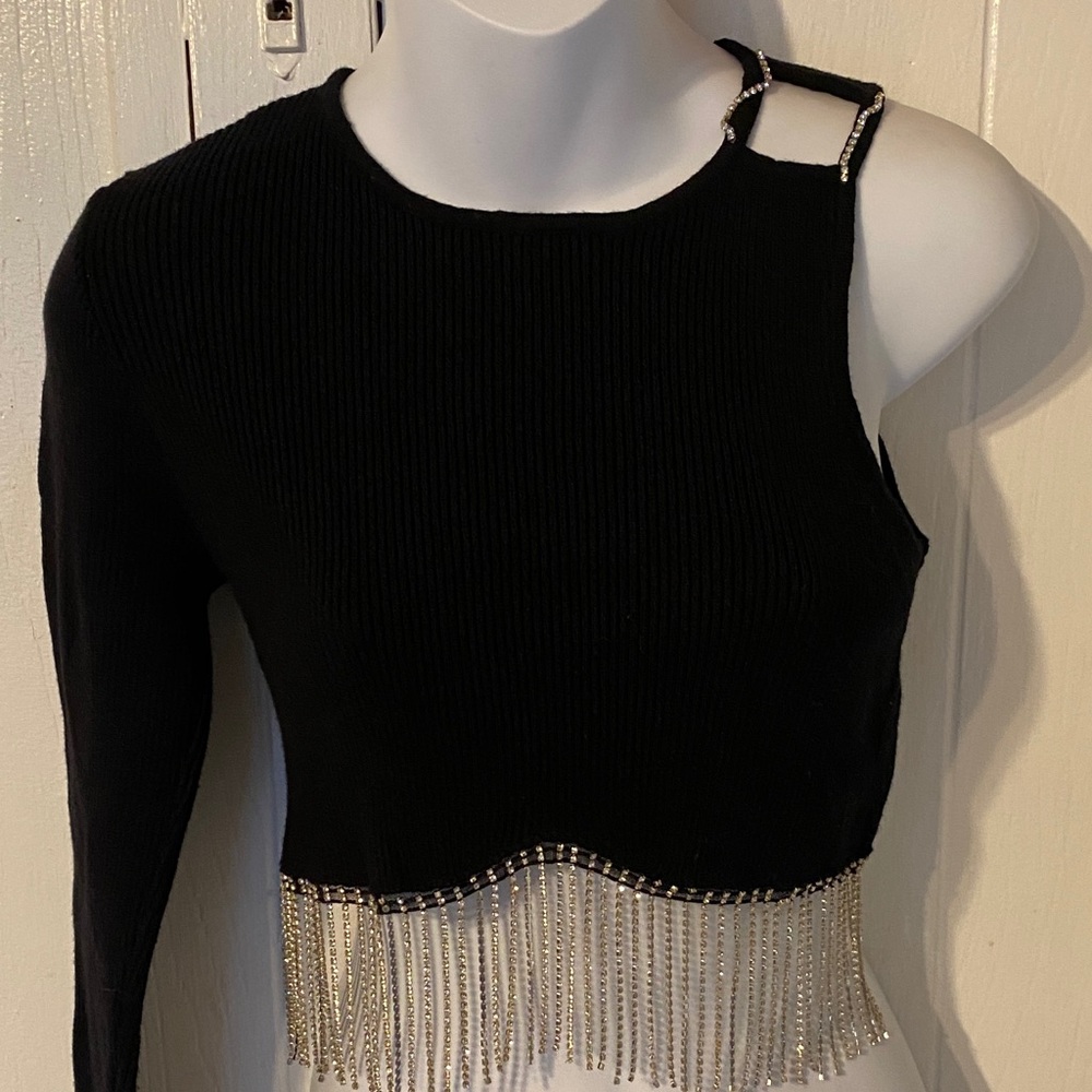 Black Beaded Fringe One-Shoulder Top